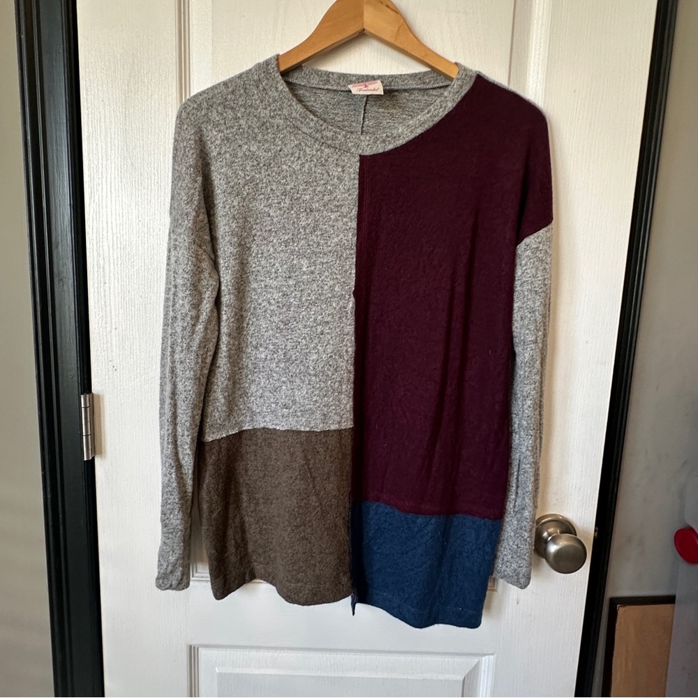 Freeloader Sweater Colorblock Asymmetrical Long Sleeve Tunic Soft Cozy Lagenlook